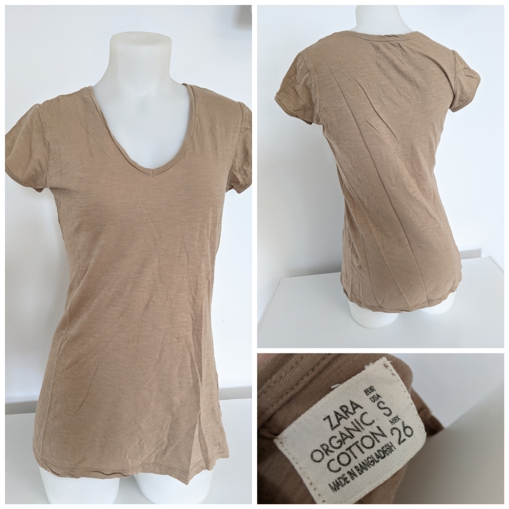 💎 ZARA Organic Cotton Beige V Neck / Top Sz S